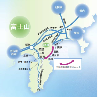 伊豆湘南道路ルート想定図：西湘バイパス小田原IC→真鶴→湯河原→熱海→函南を通るルート