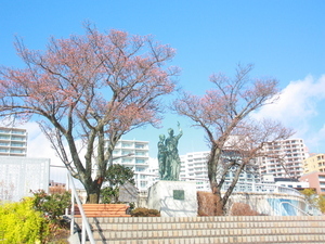 令和7年1月28日釜鳴屋平七像横のあたみ桜