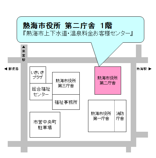 熱海市上下水道・温泉料金お客様センターの案内図です。場所は、熱海市役所第2庁舎1階です。料金に関するお問い合わせは、熱海市上下水道・温泉料金お客様センターへおこしください。